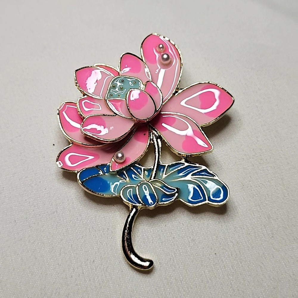 Lotus Flower Brooch Women OS Pink Blue‎ Enamel Pearl Gold Tone Floral Pin